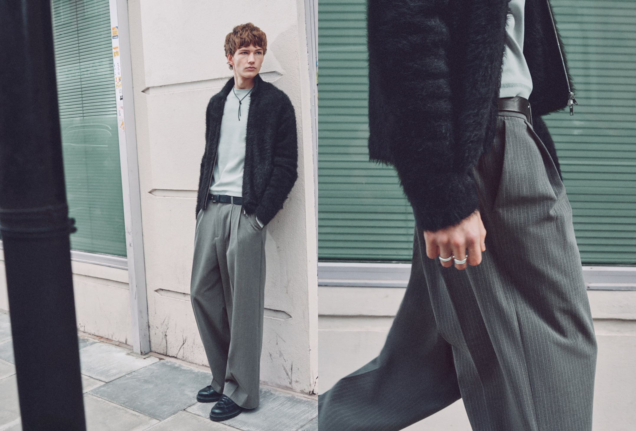 A man wearing outfits from Weekday Back to Reality collection