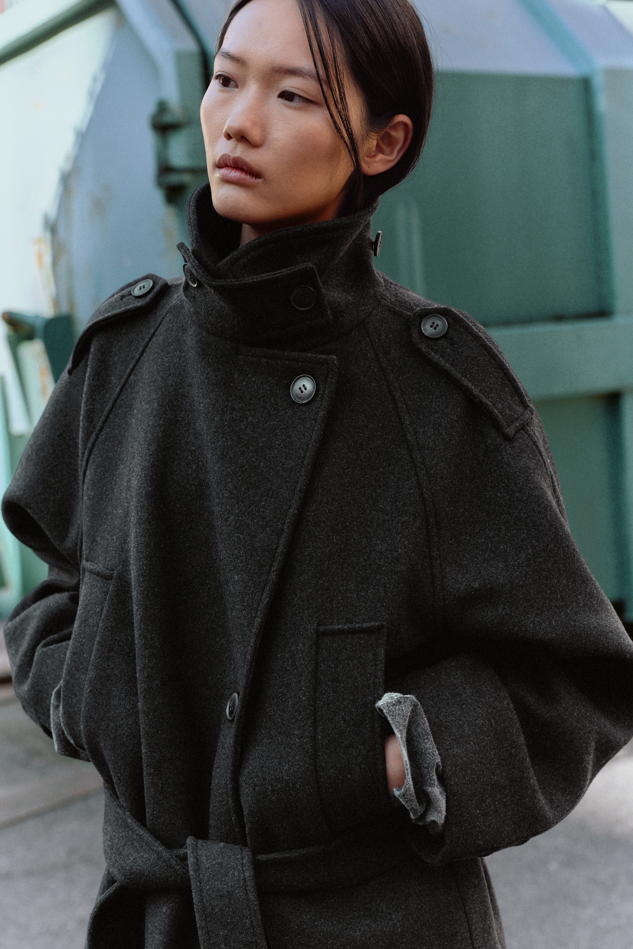Dark Grey Melange - Wool-Blend Belted Double-Breasted Coat - 2