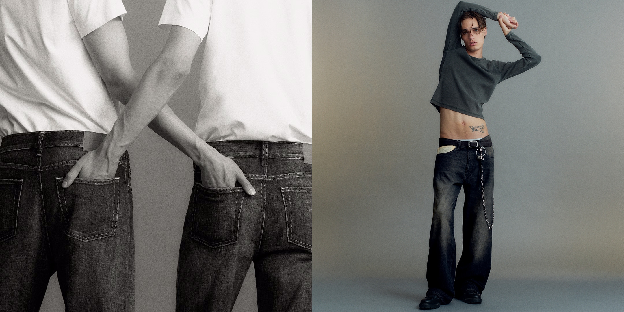 Two models styling pairs of blue weekday jeans in a loose fit