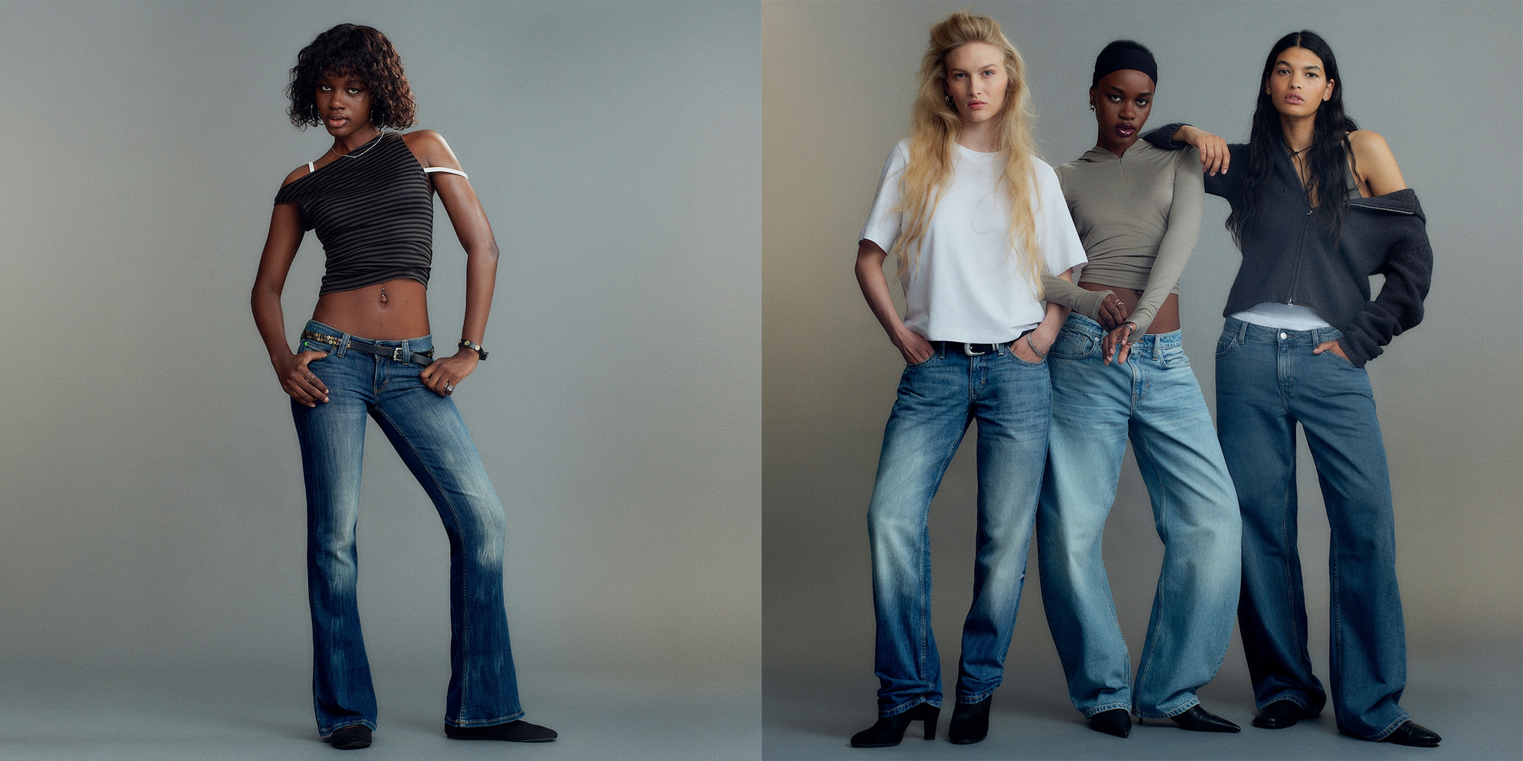 Models styling pairs of blue weekday jeans in different fits