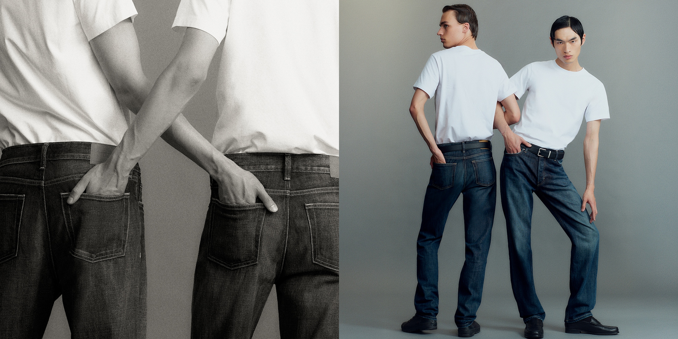 Two models styling pairs of blue weekday jeans in a loose fit