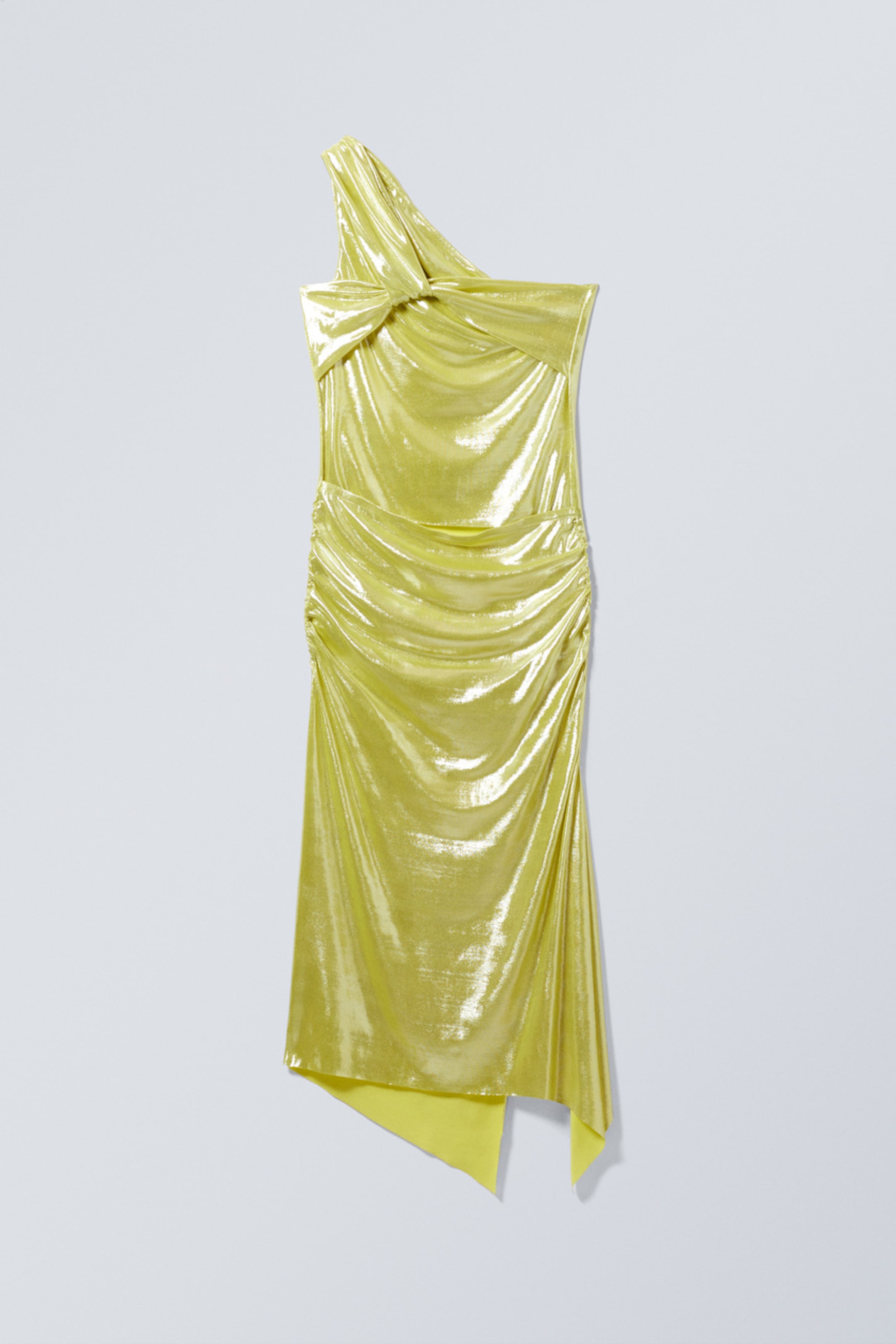 Shiny Yellow - Overlap Draped Asymmetric Midi Dress
