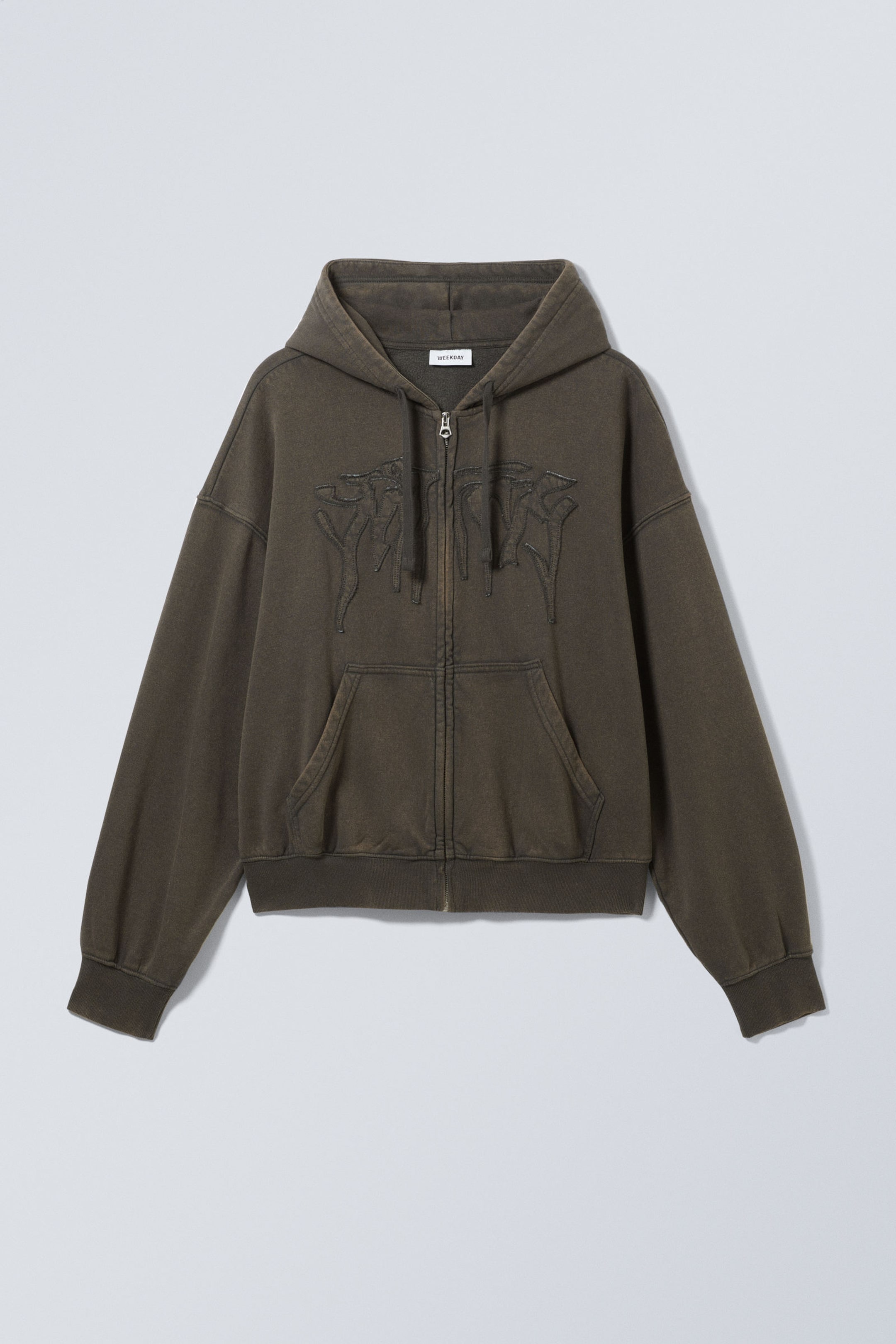 Dark Grey - Boxy Embroidery Zip Hoodie - 2