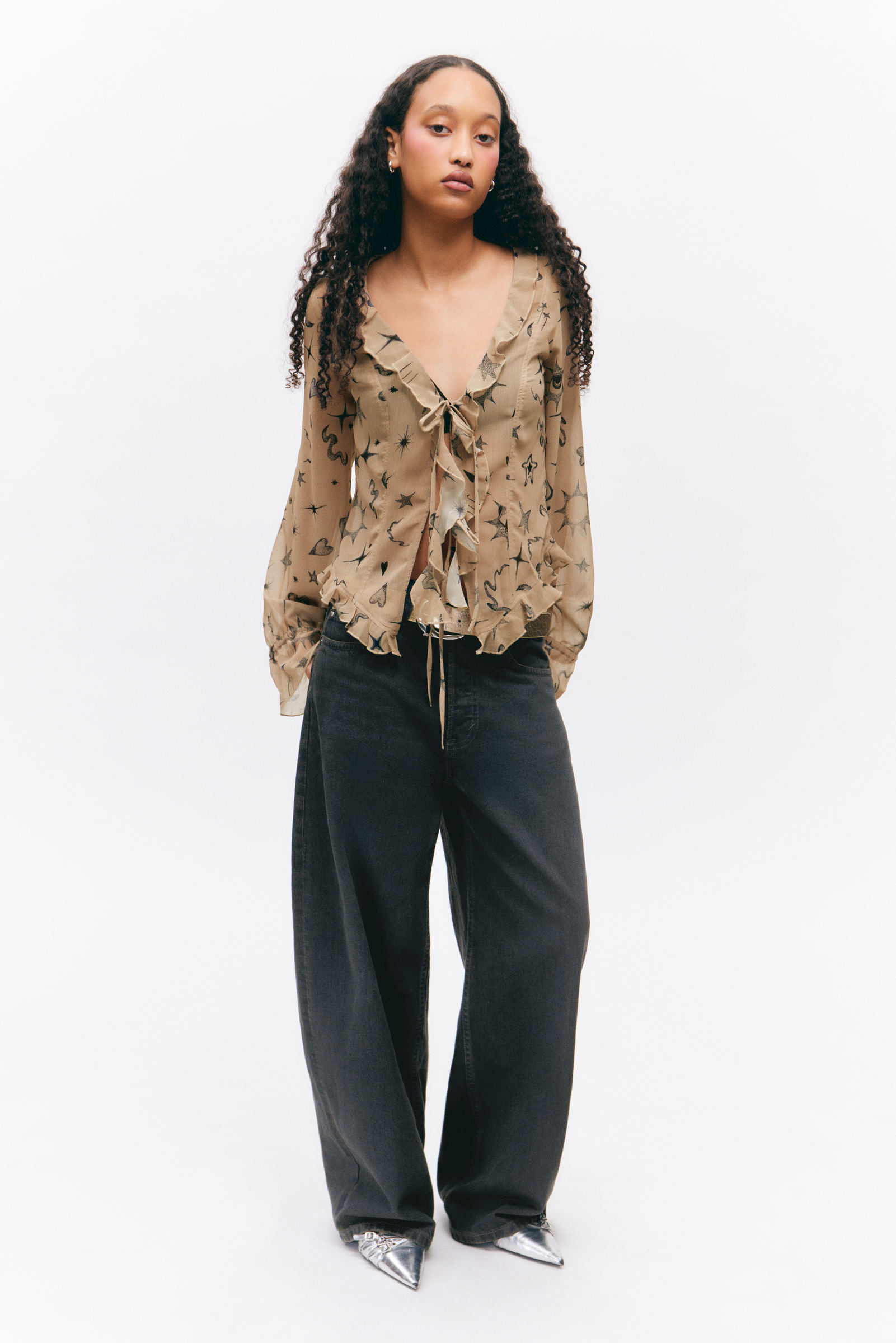 激安挑戦！！ - Beige - blouse tie chiffon sheer Astro WW Monki | Pop シャツ/ブラウス(長袖/七分)