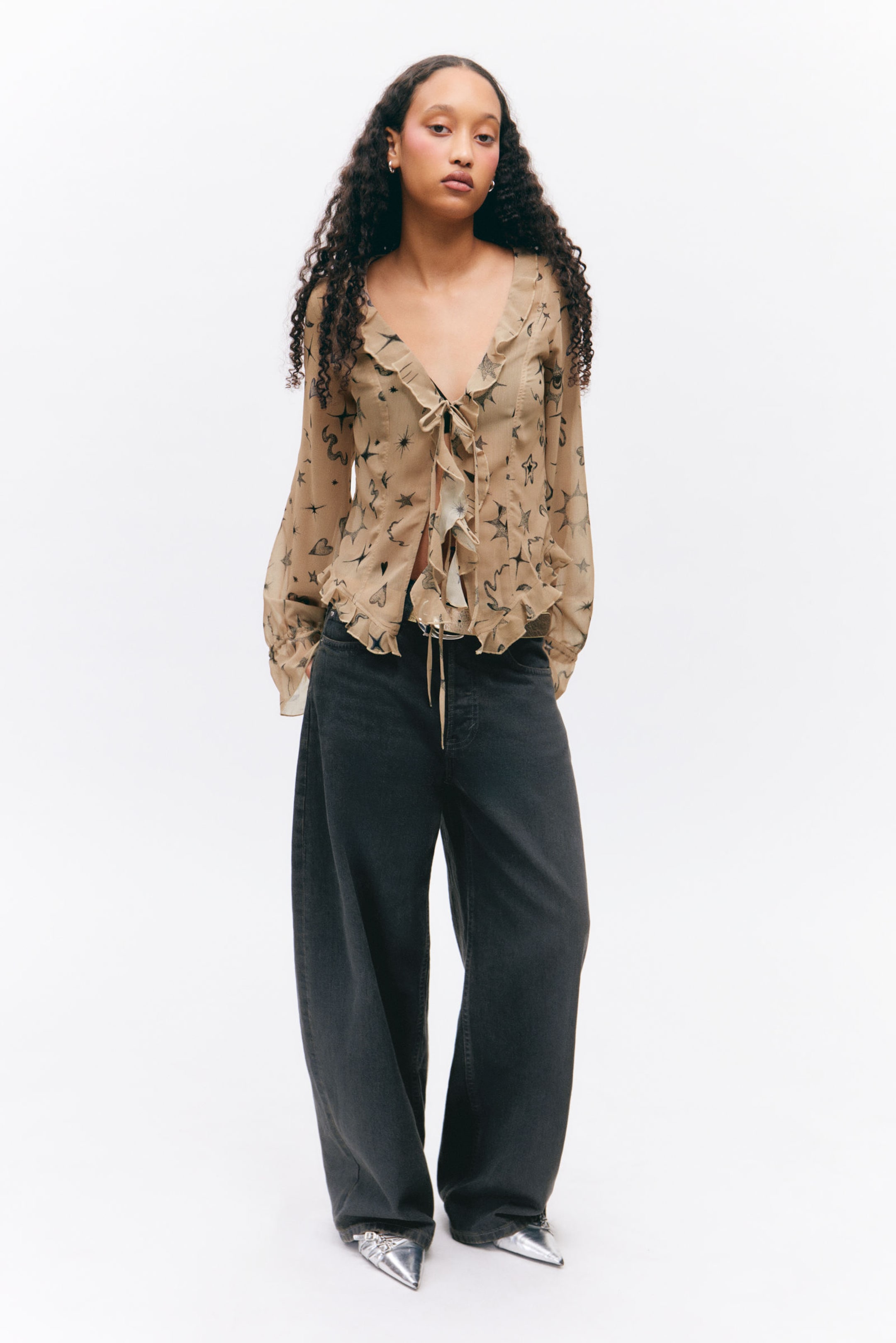 Beige - Astro Pop - Sheer Chiffon Tie Blouse - 1