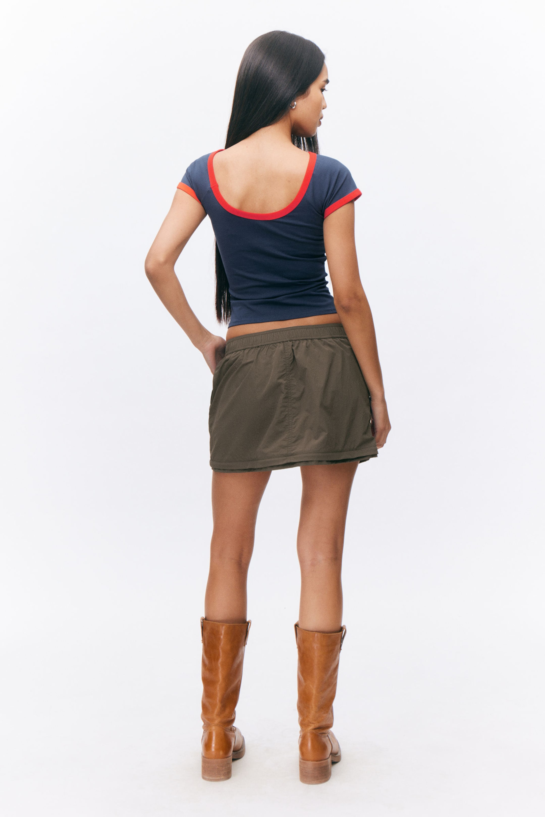 Dark Blue - Red Binding - Short-Sleeved Cowl Neck Top - 2