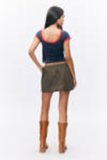 Dark Blue - Red Binding - Short-Sleeved Cowl Neck Top - 2