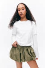 Checked Khaki Green - Balloon Mini Cotton Skirt - 1