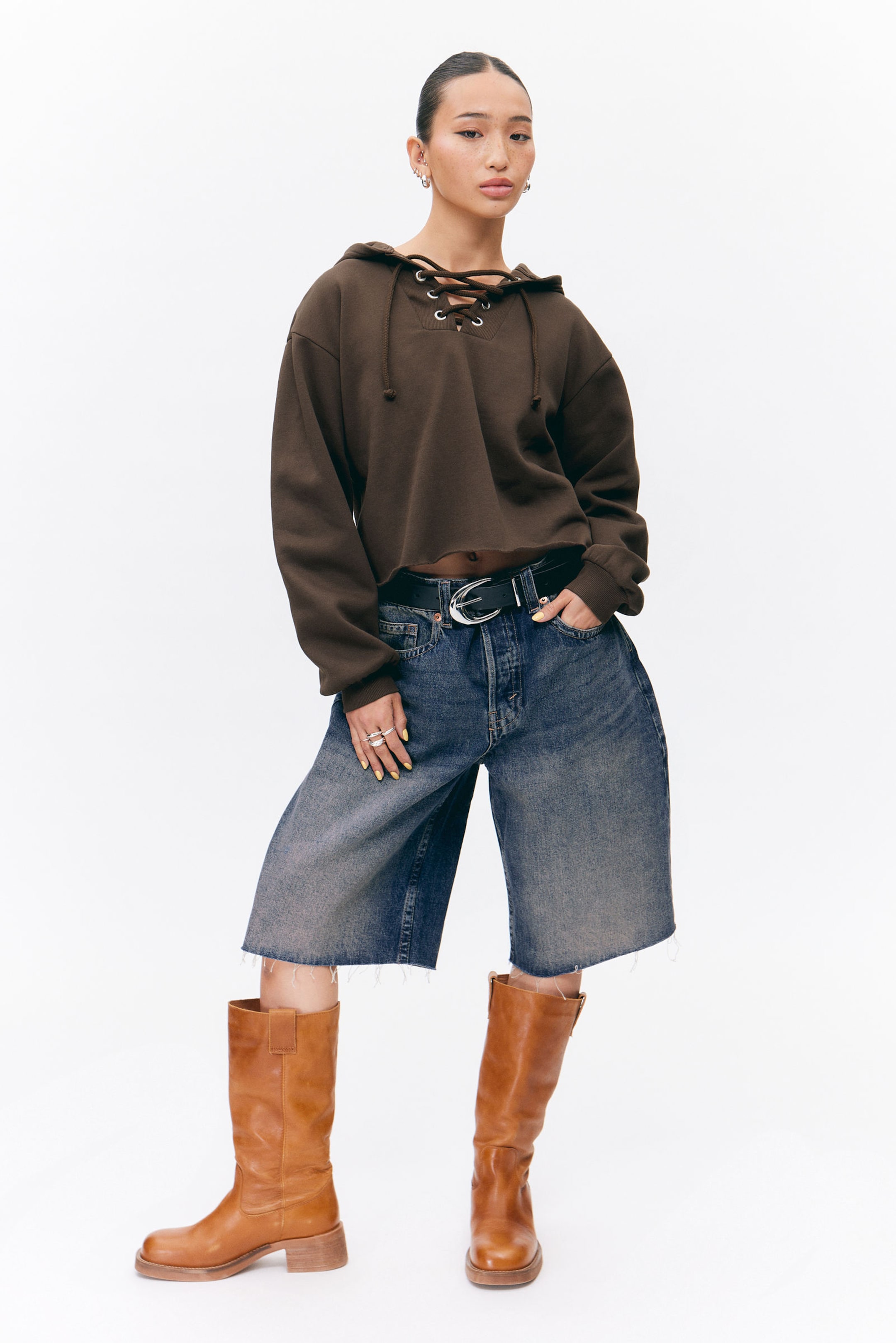#443B33 - Cropped Lace-up Hoodie - 2