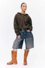 Dark Brown - Cropped Lace-up Hoodie - 1