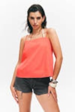 Light Red - Drawstring Poplin Strap Top - 0