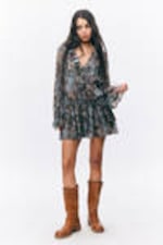 Leopard-Paisly Pattern - Frilled V-neck Mini Dress - 0