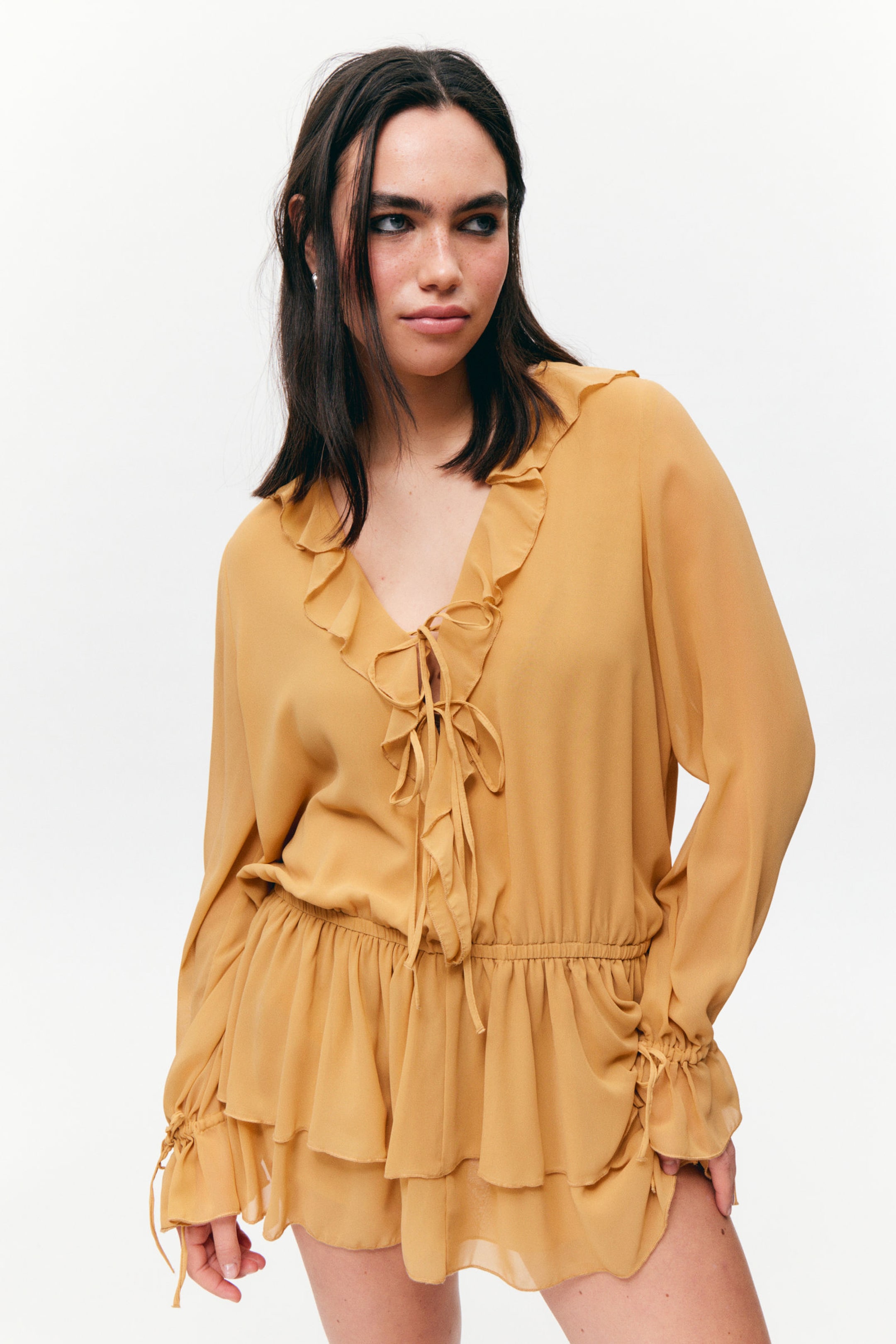 #BA9B67 - Frilled V-neck Mini Dress - 2
