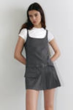 Dark Grey - Belted Pleated Mini Dress - 2