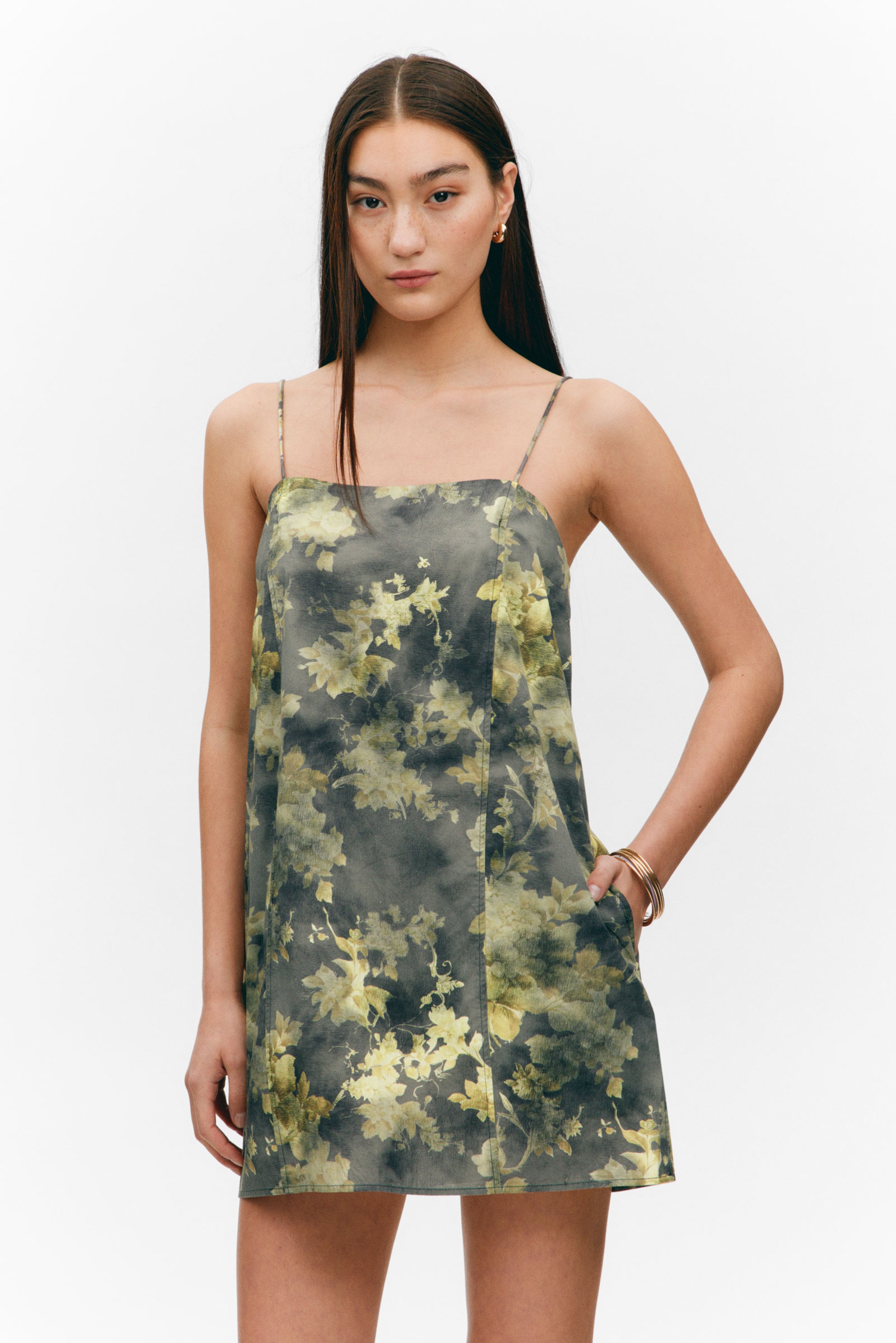 Grey - Dirty Floral - Tie-Back Twill Mini Dress - 1
