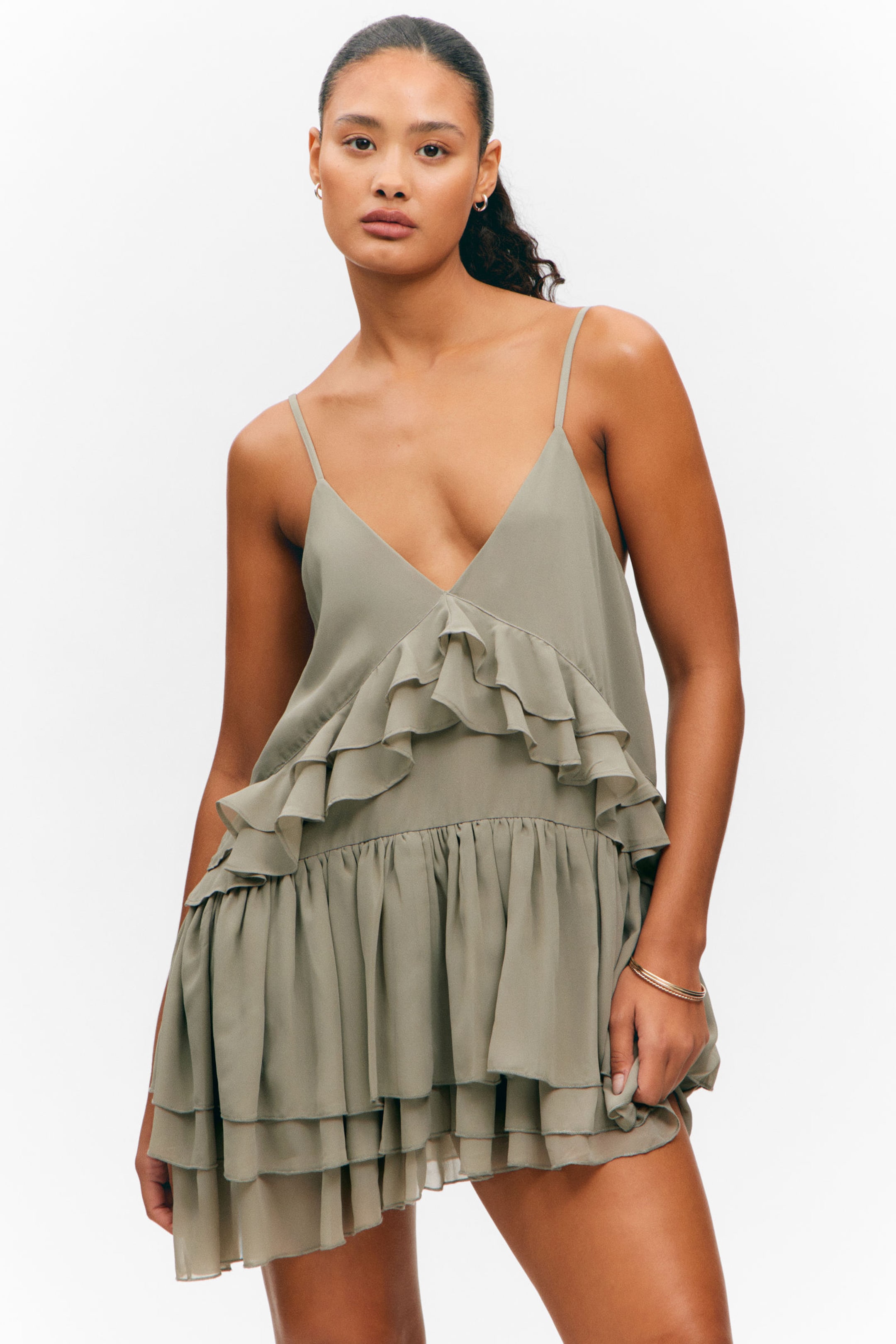 #8D8C81 - Layered Ruffled Mini Cami Dress - 2