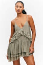 Khaki Green - Layered Ruffled Mini Cami Dress - 1