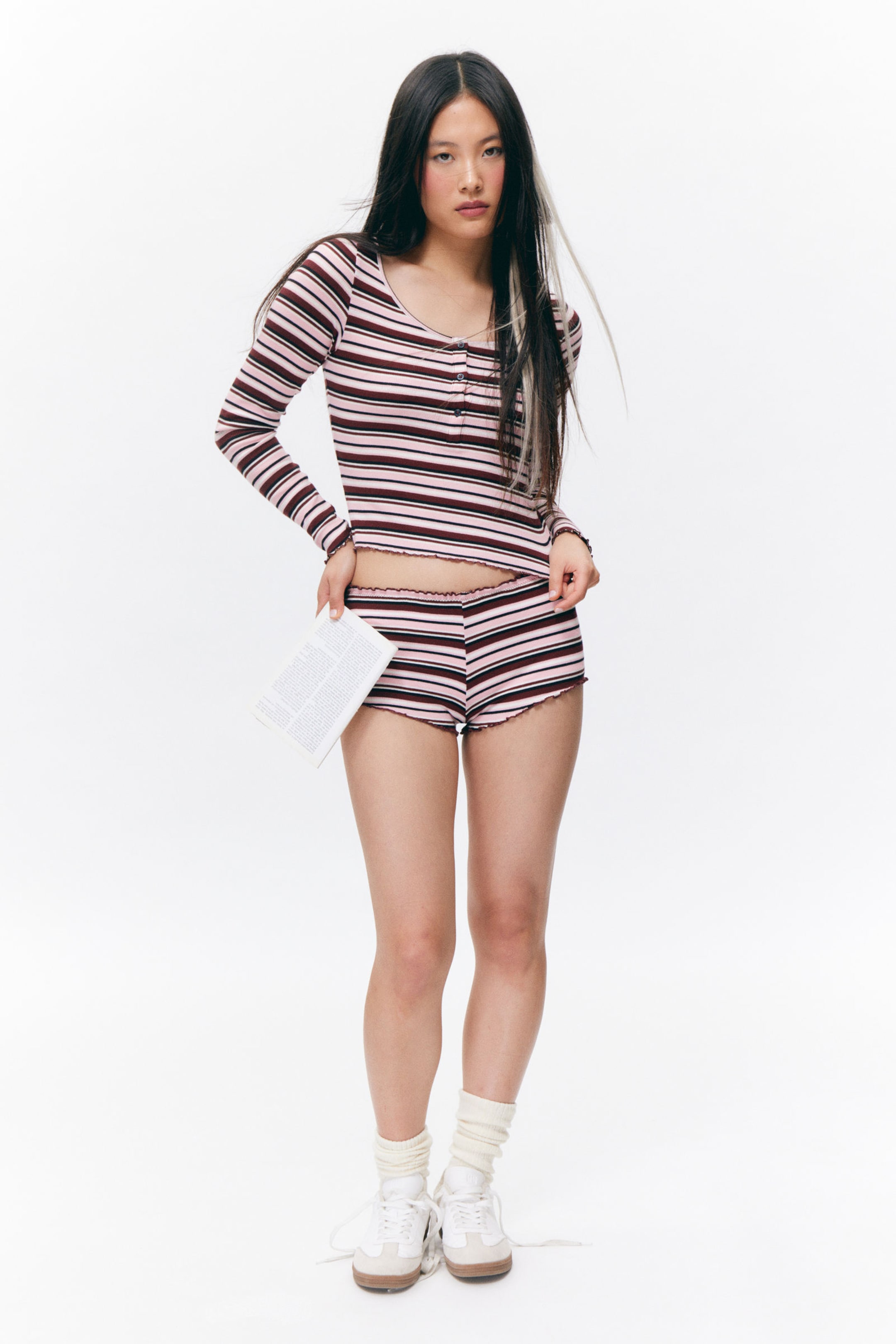 Dark Red & Pink Stripe - Ribbed Mini Henley Top - 0