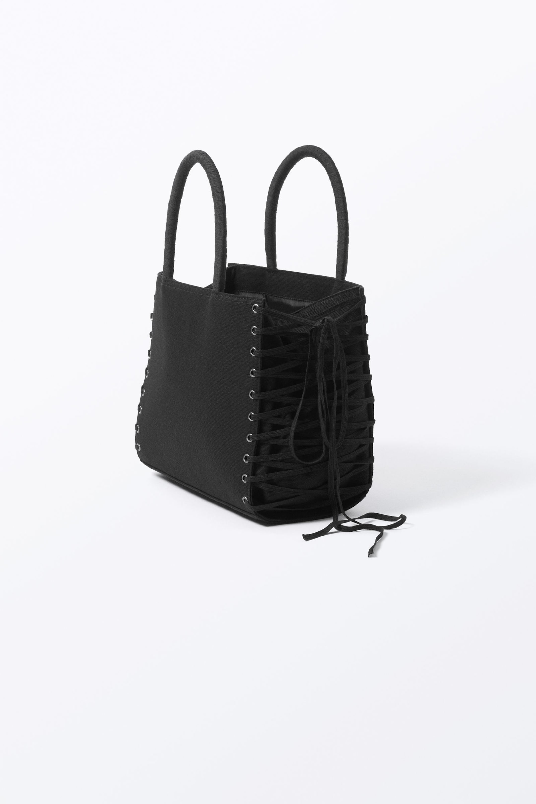Black - Lacing Cotton Handbag - 3