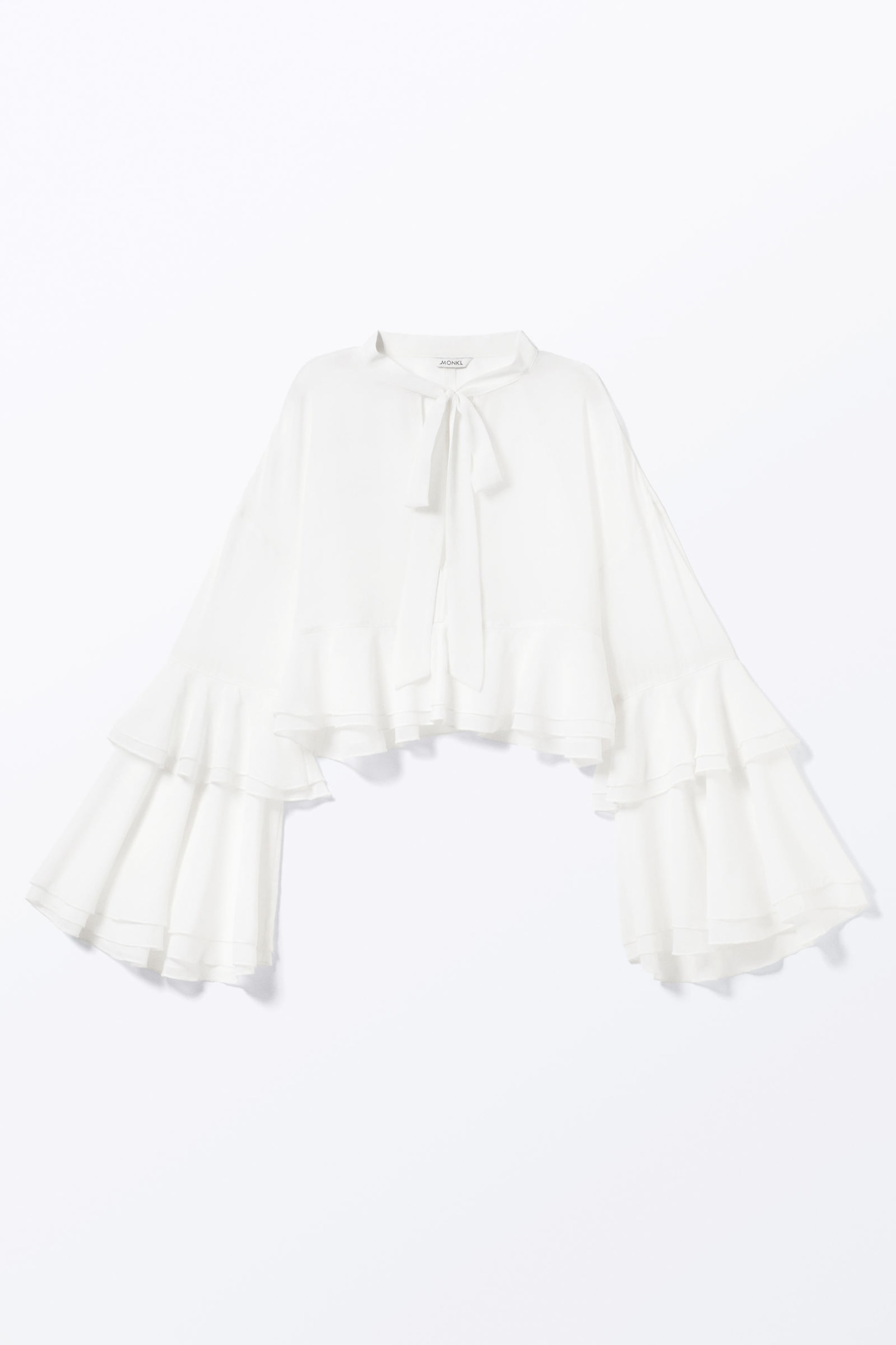 White - Flared Frill-Sleeved Tie-Neck Blouse - 4