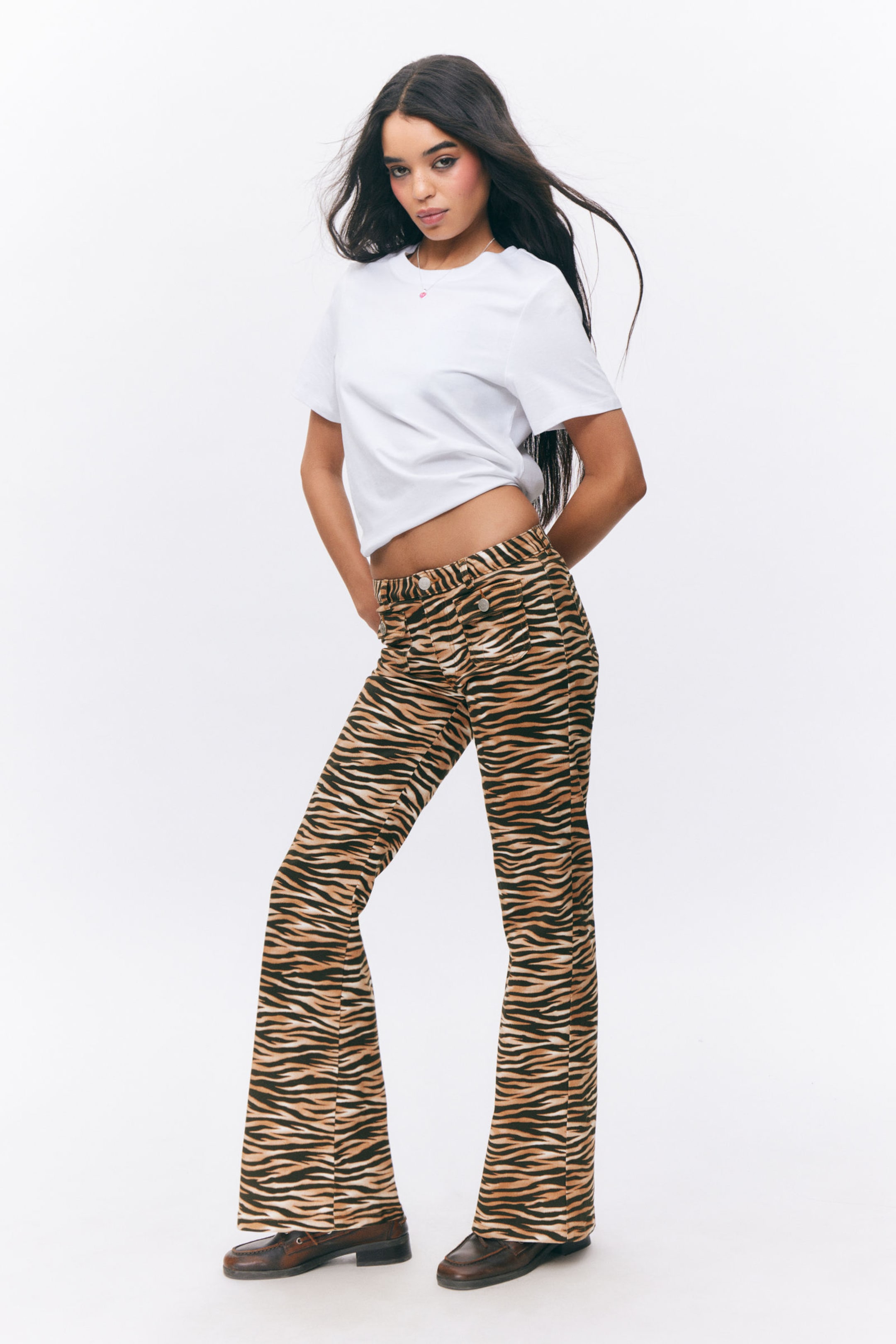 Tiger Striped - Low Waisted Bootcut Twill Trousers - 2