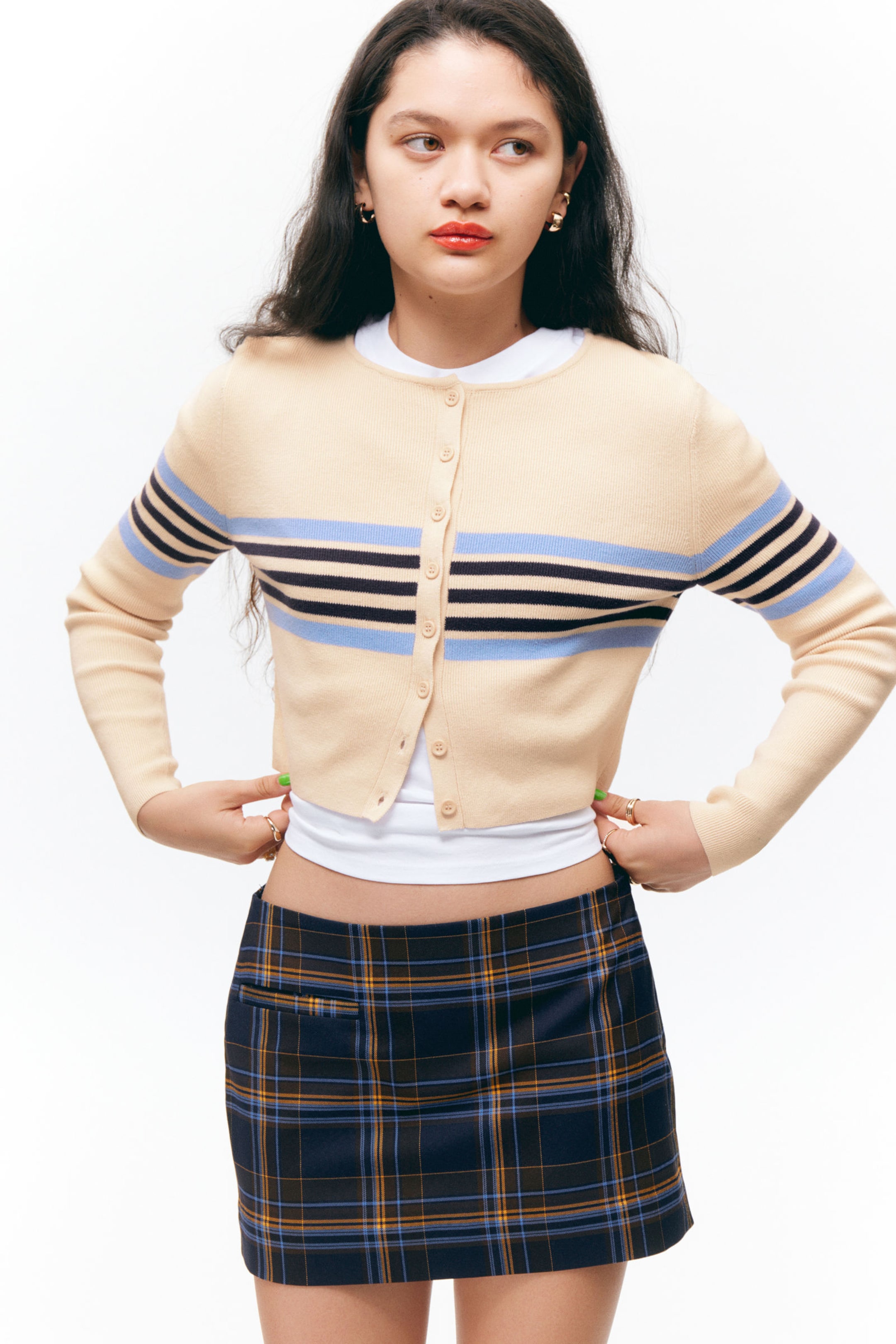 Dark Blue Check - Low Waisted Mini Suiting Skirt - 1