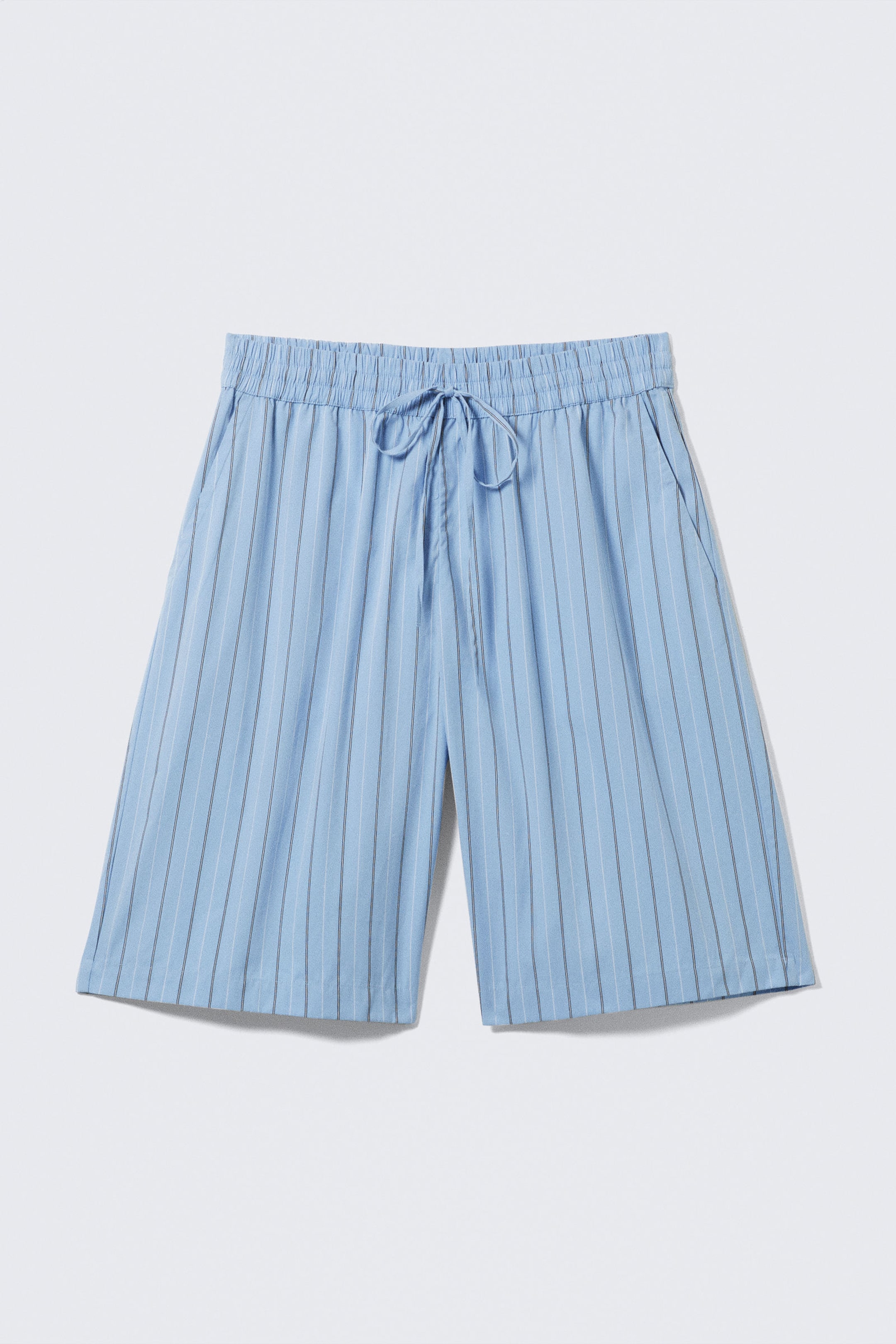 Striped Blue - Relaxed Low Rise Knee-length Cotton Shorts - 4