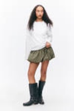 Checked Khaki Green - Balloon Mini Cotton Skirt - 0