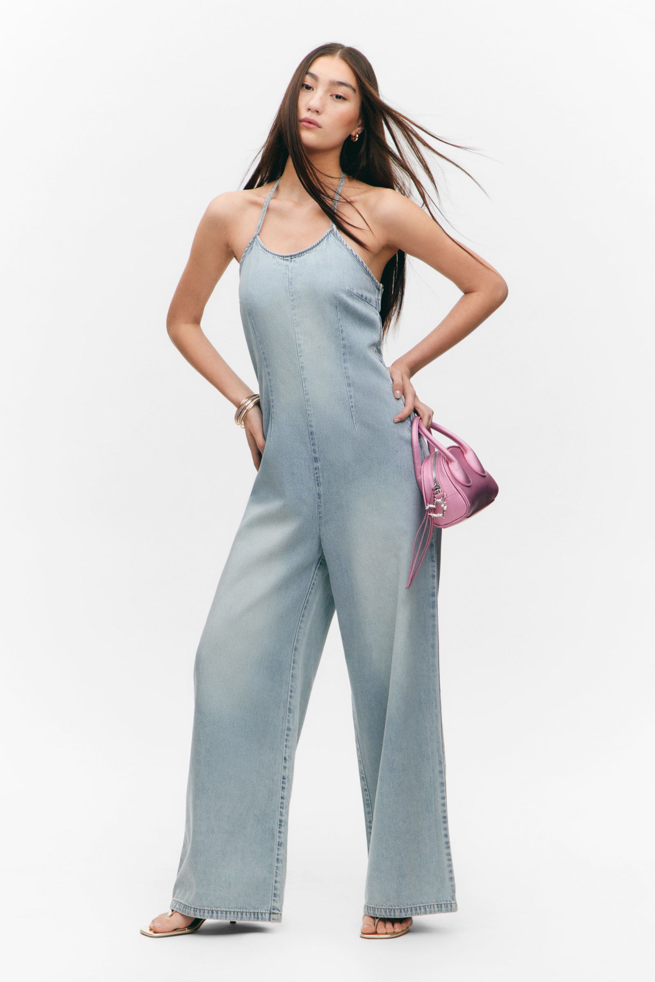 #8898AC - Halter Neck Denim Jumpsuit - 1