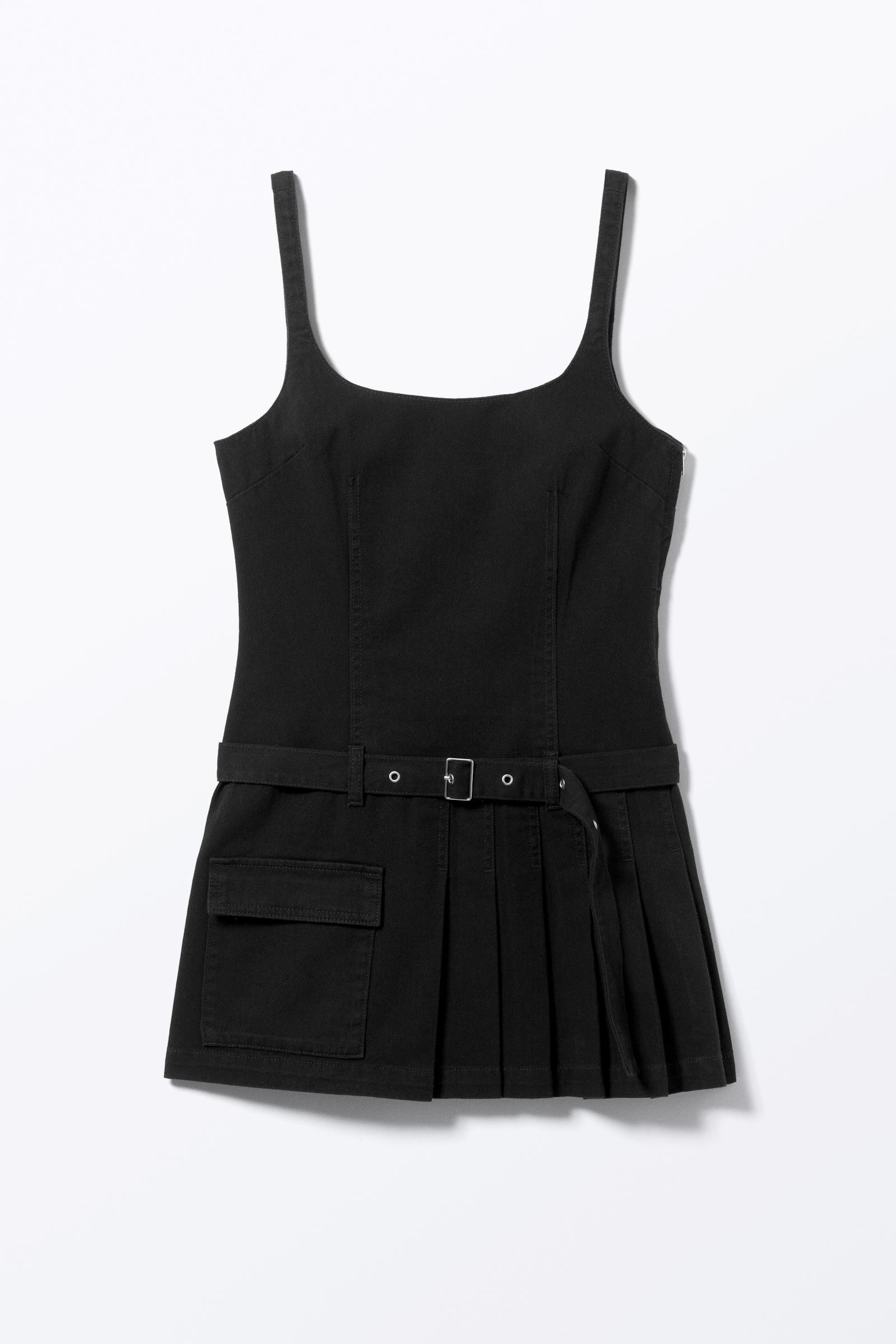 Black - Belted Pleated Mini Dress - 3