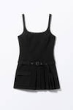 Black - Belted Pleated Mini Dress - 3