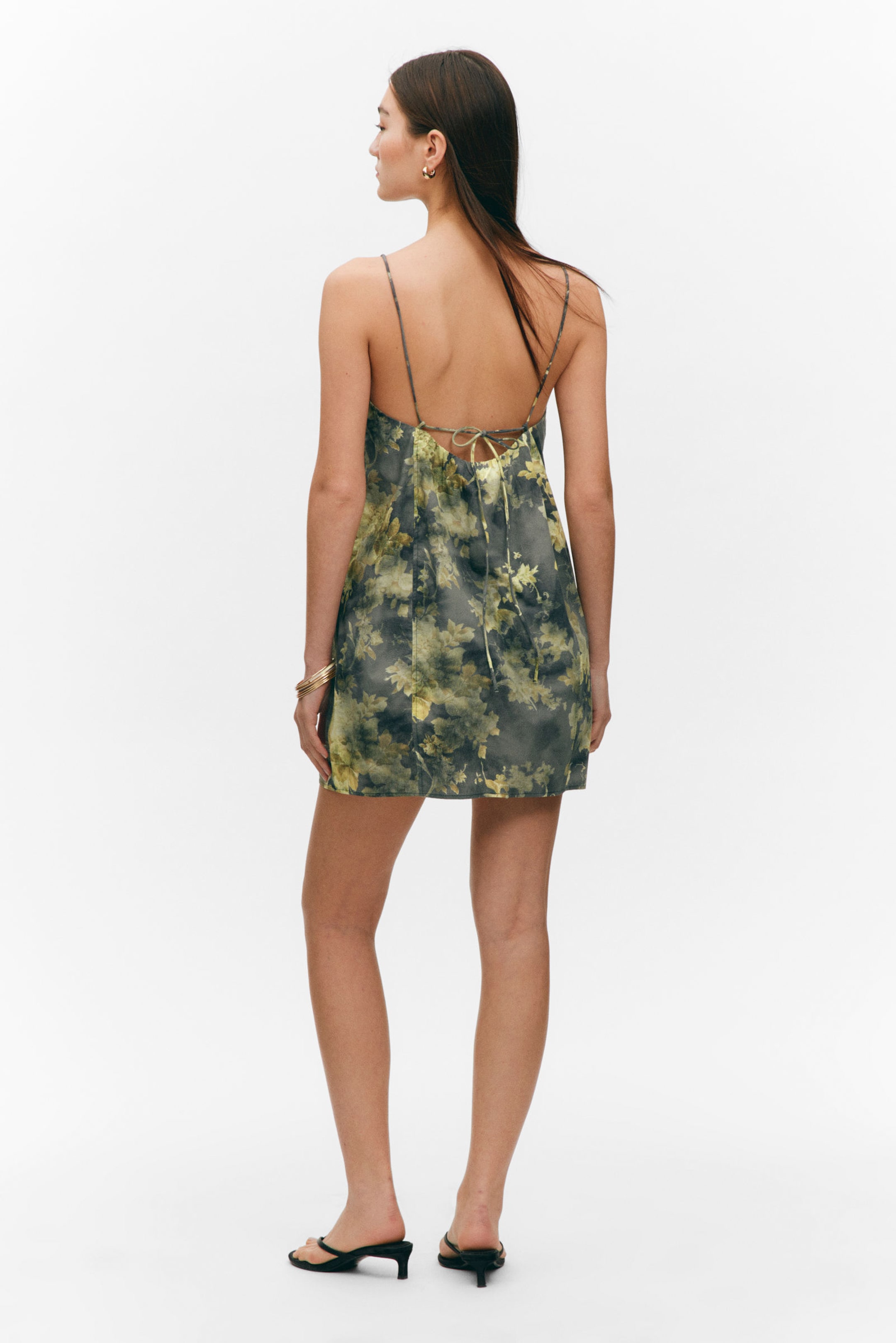 Grey - Dirty Floral - Tie-Back Twill Mini Dress - 2
