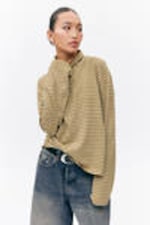 Mustard & Mint Stripes - Boxy Long-Sleeved Mock Turtleneck Top - 1