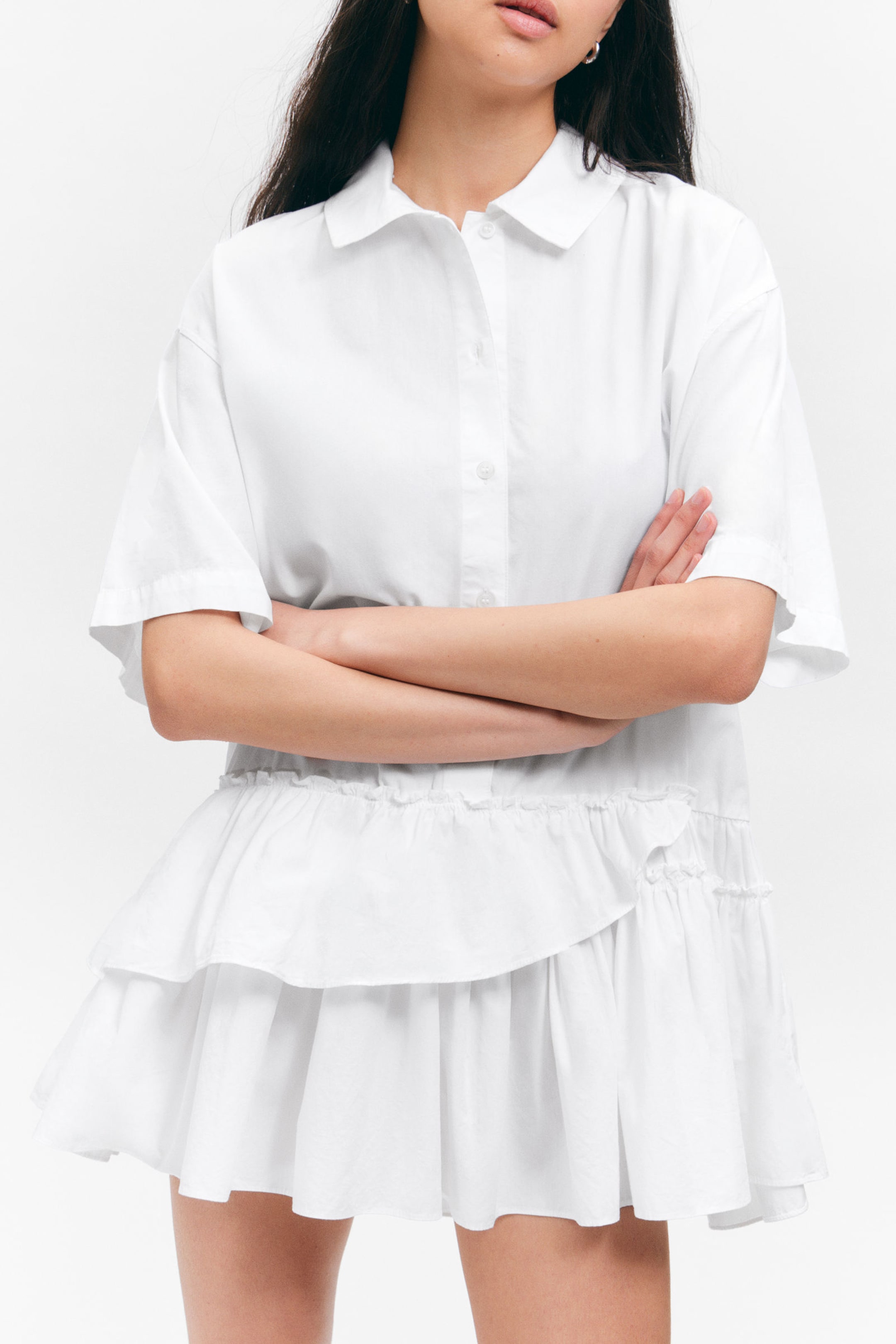 #FFFFFF - Oversized Ruffled Mini Shirt Dress - 2
