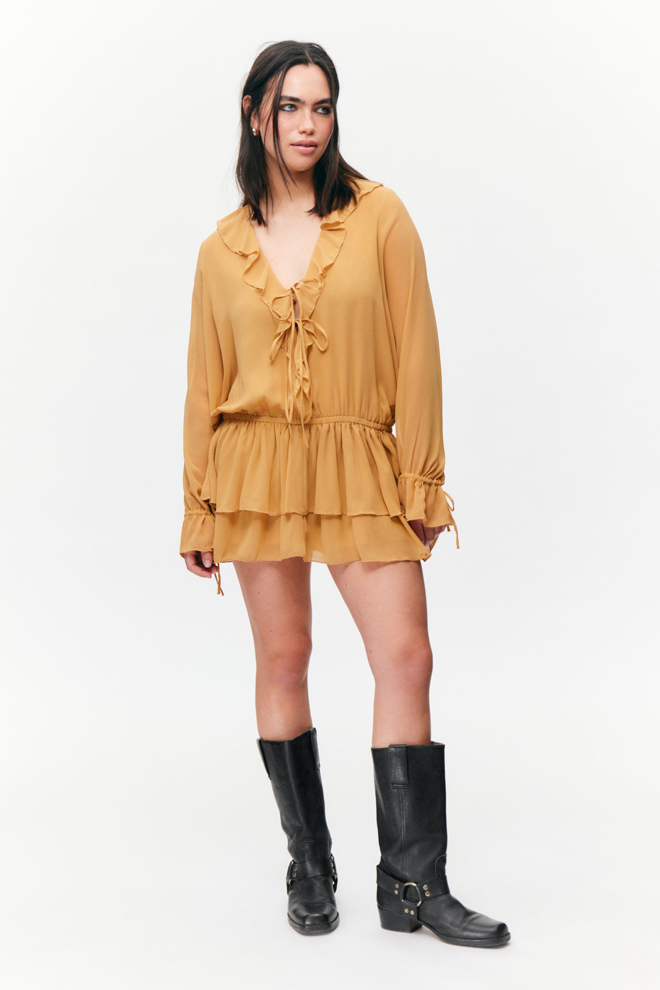 #BA9B67 - Frilled V-neck Mini Dress - 1