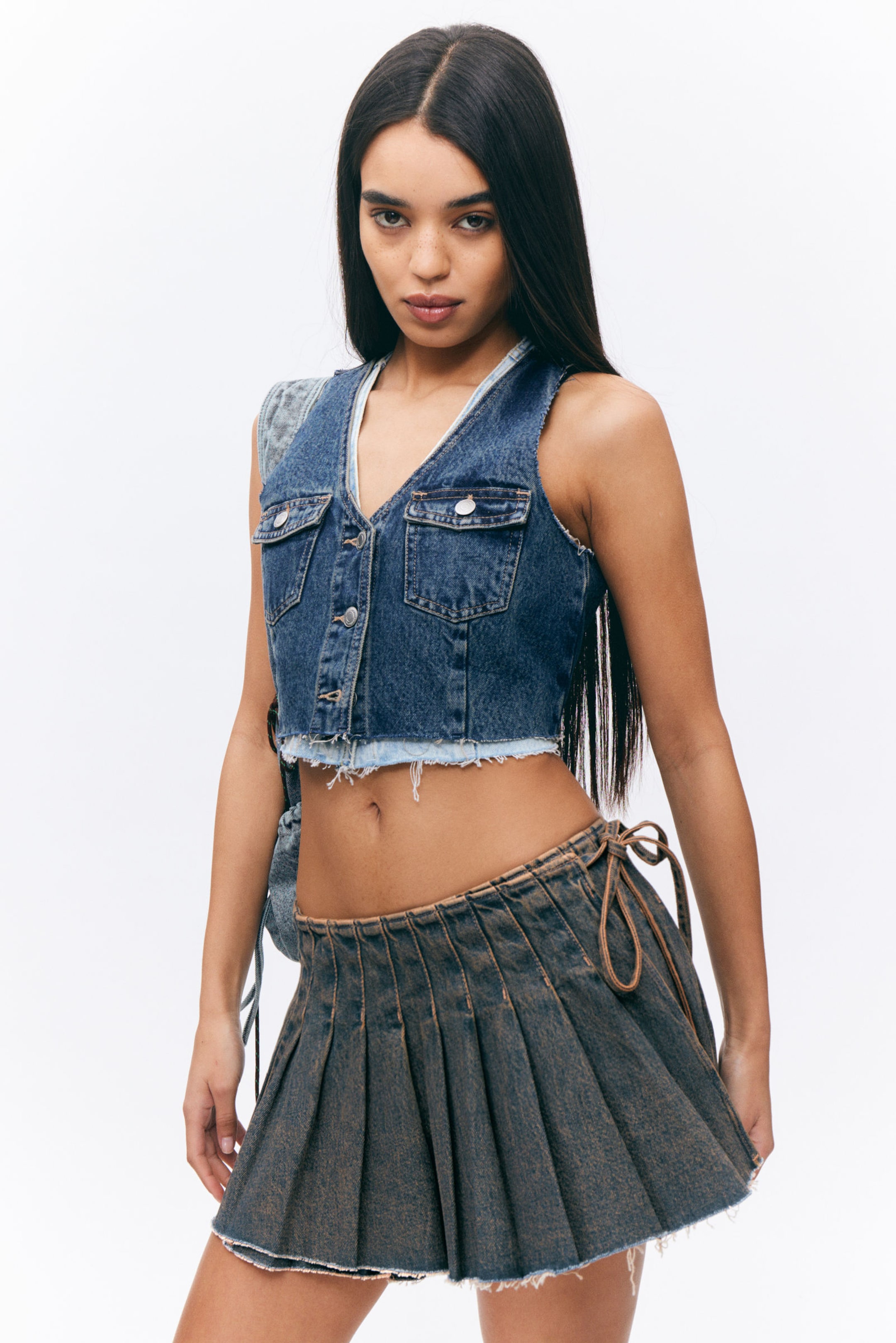 #4C5164 - Pleated Mini Denim Wrap Skirt - 2