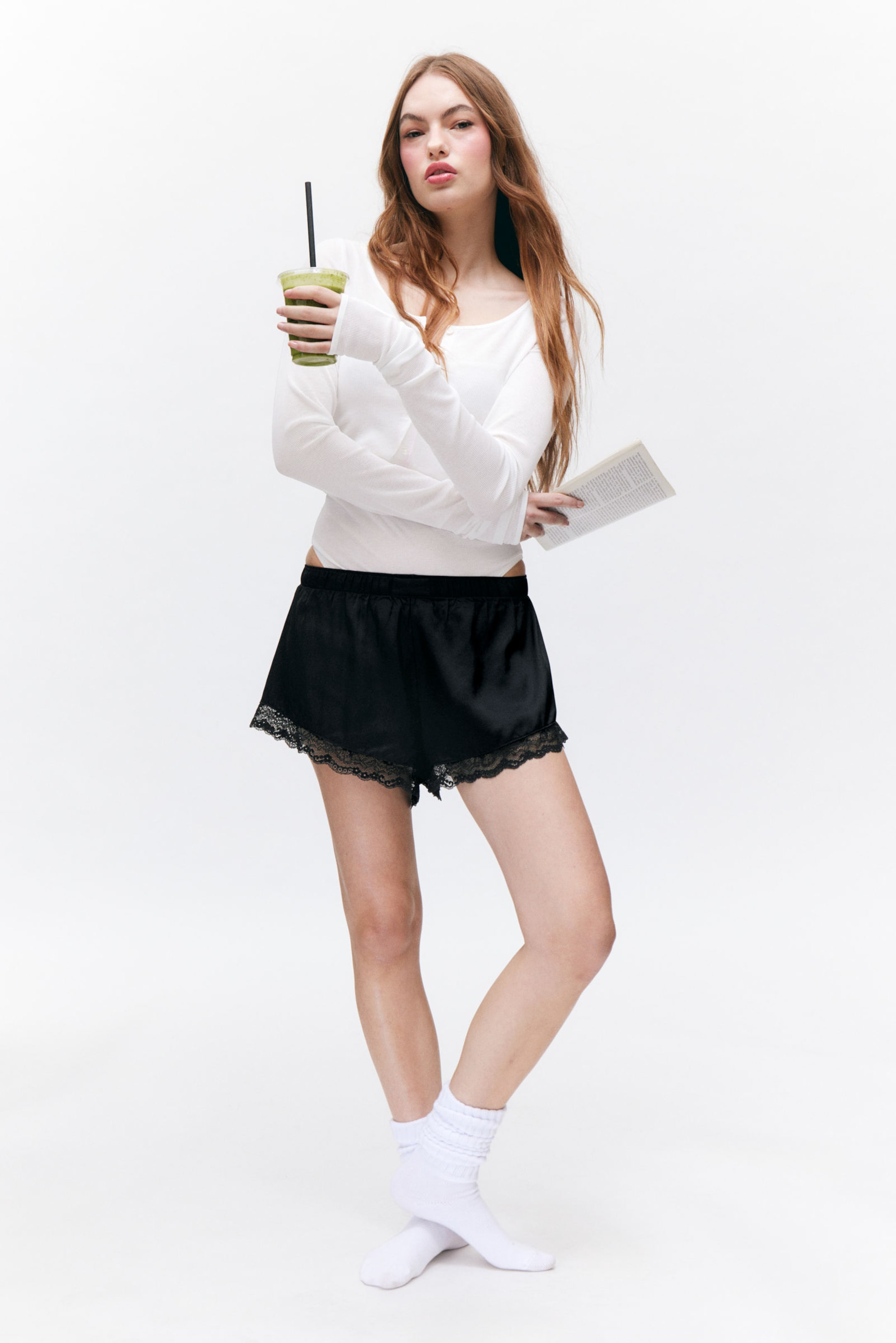 #333538 - Mini Lace Satin Shorts - 1