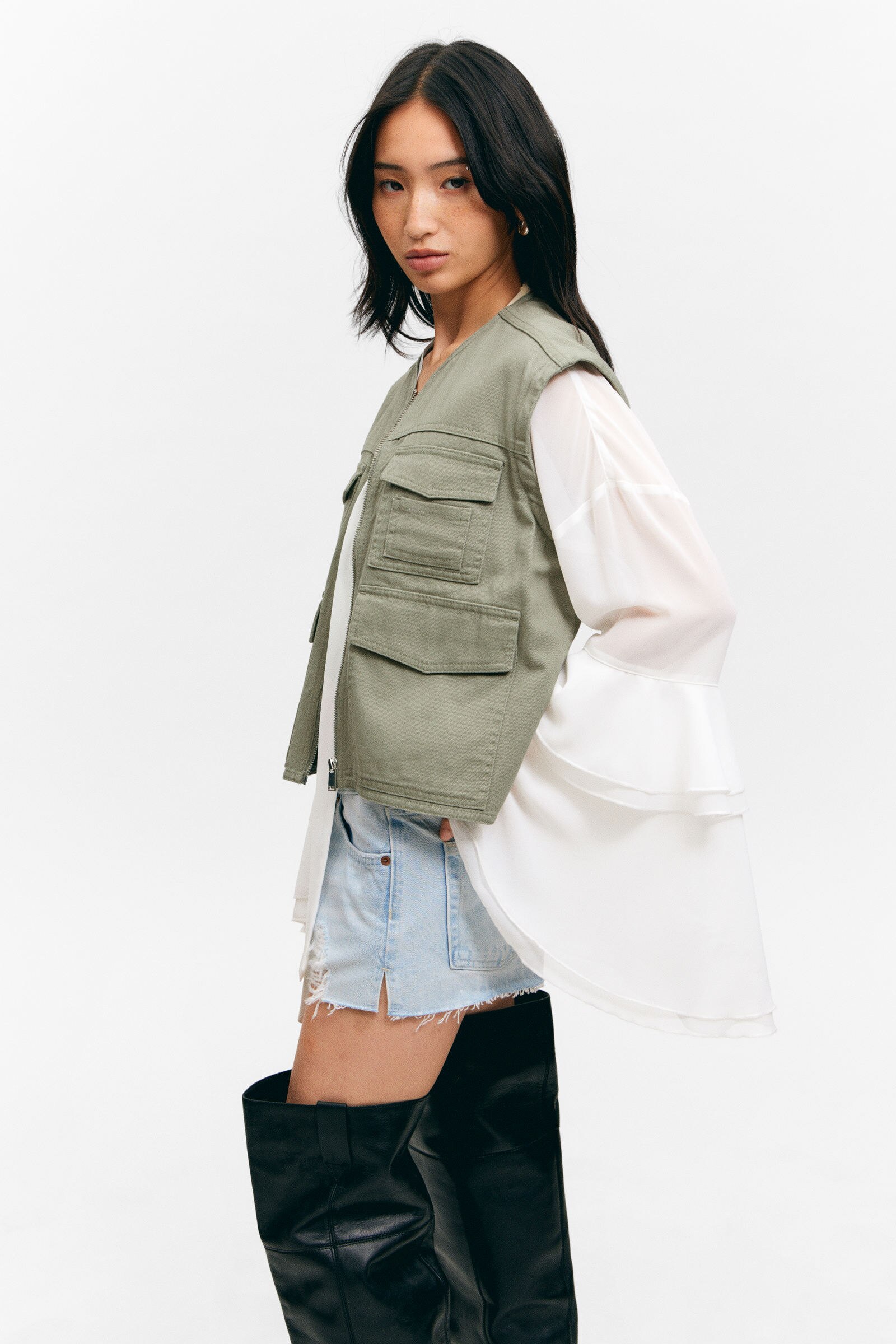送料無料 いつまで detachable sleeve cotton jacket - Light Dusty Khaki Green バッグ