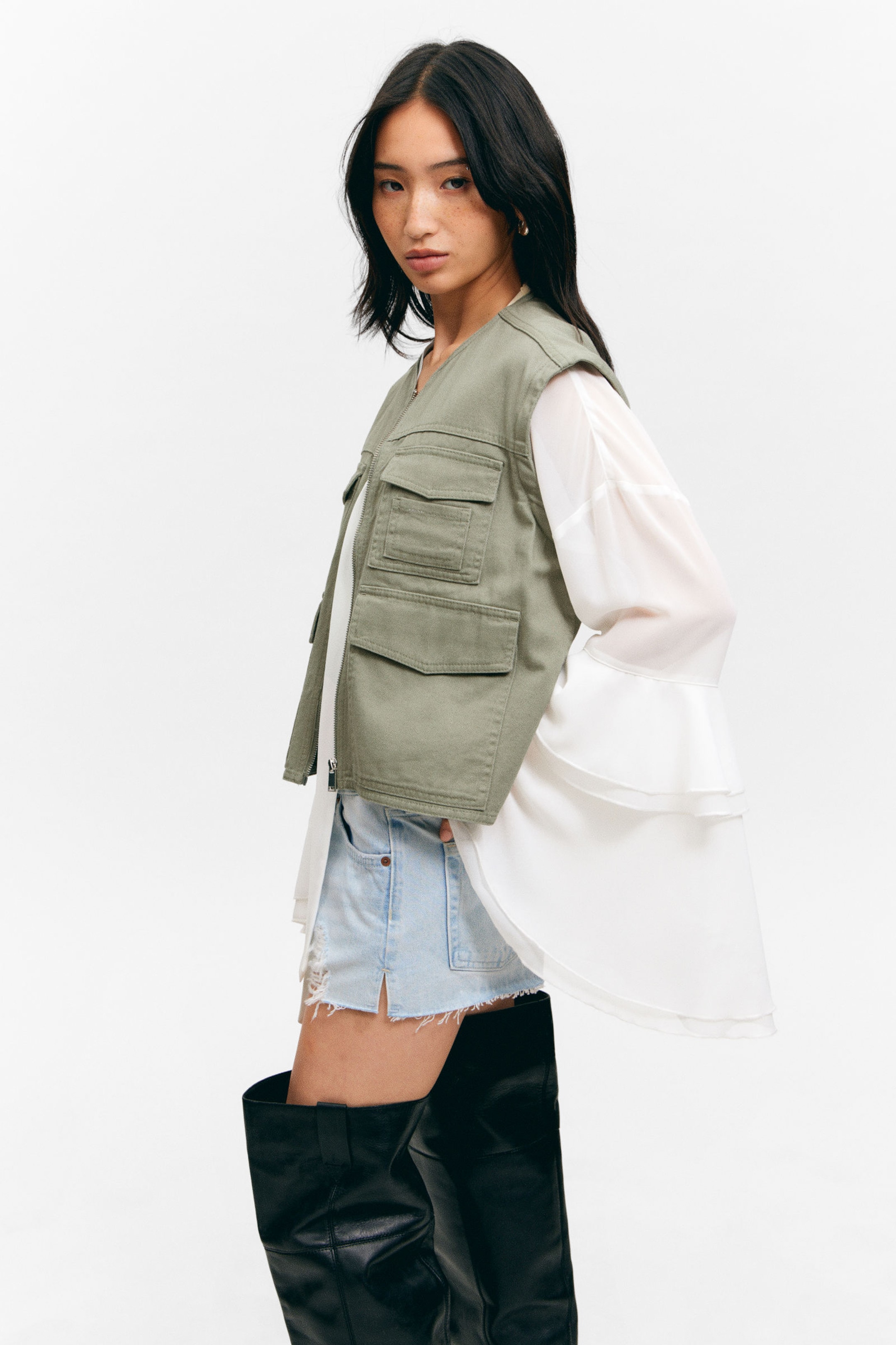 Light Dusty Khaki Green - Detachable Sleeve Cotton Jacket - 3