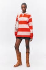 Red & Pink Stripes - Long-Sleeved Rugby Mini Dress - 0