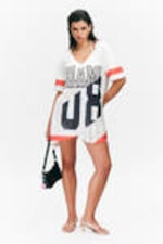 Miami Print - Asymmetric Mesh Varsity Mini Dress - 0