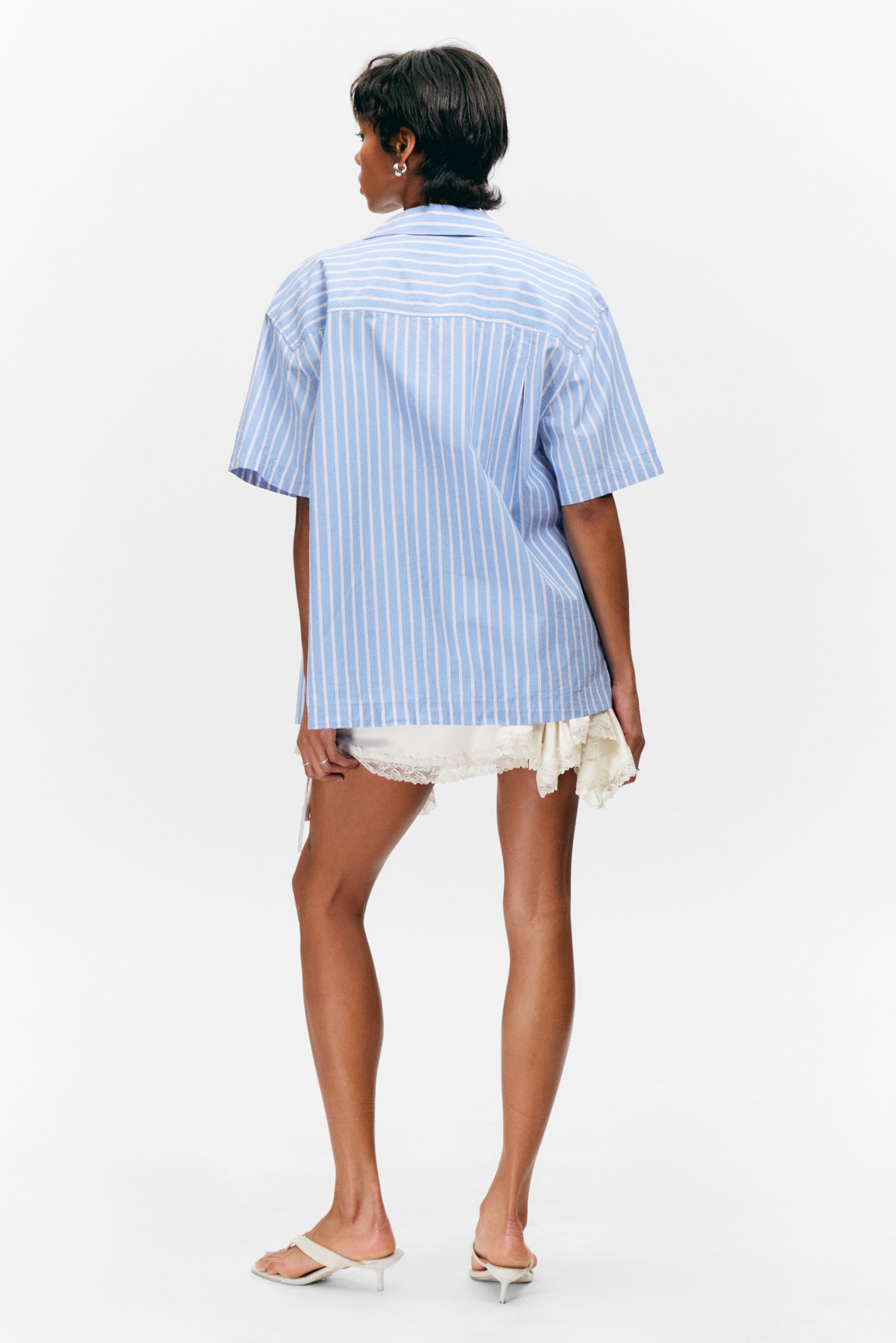 Striped Blue & Pink - Oversized Short-Sleeved Cotton Poplin Shirt - 4