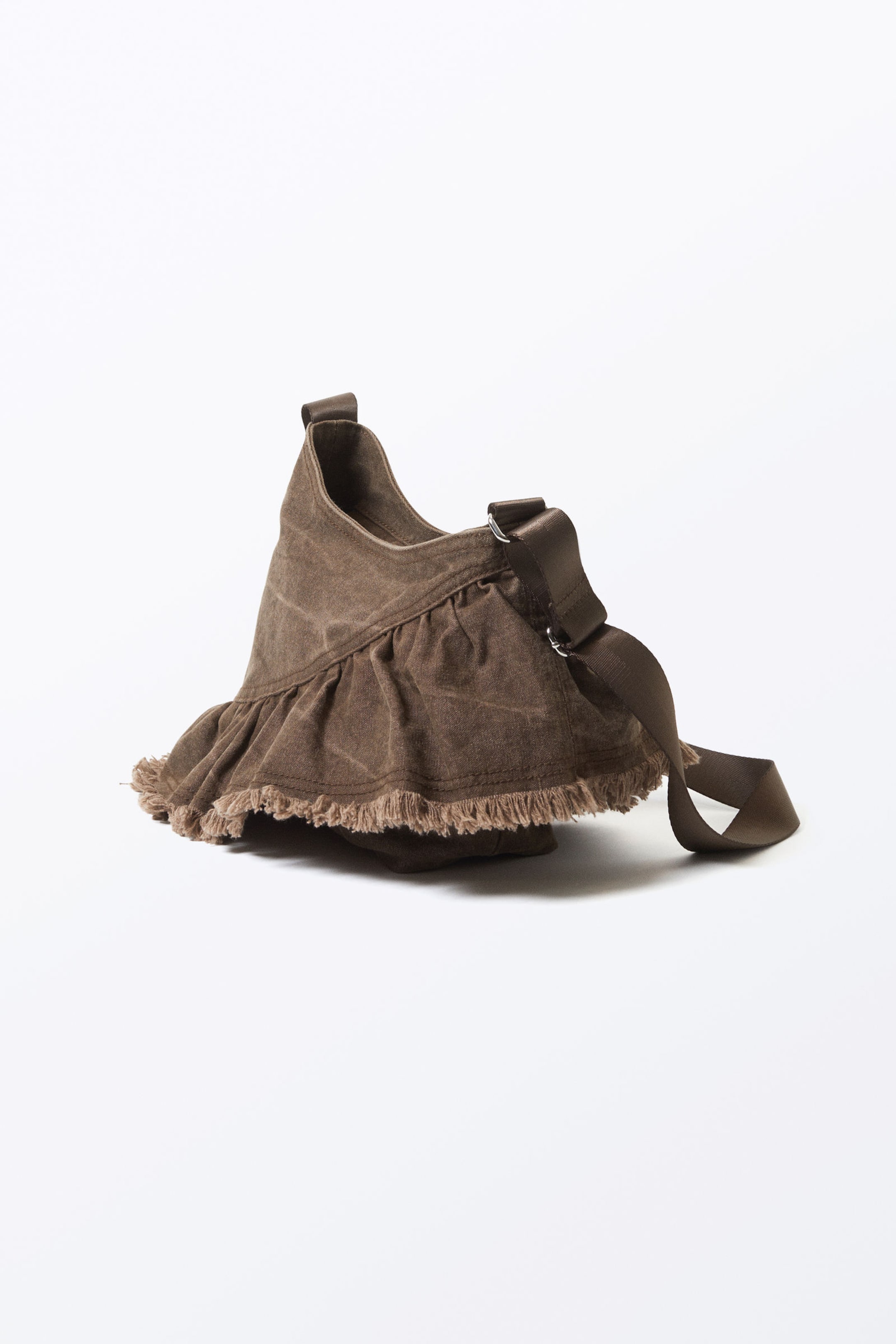 Washed Dark Brown - Frilled Cotton Canvas Handbag - 3