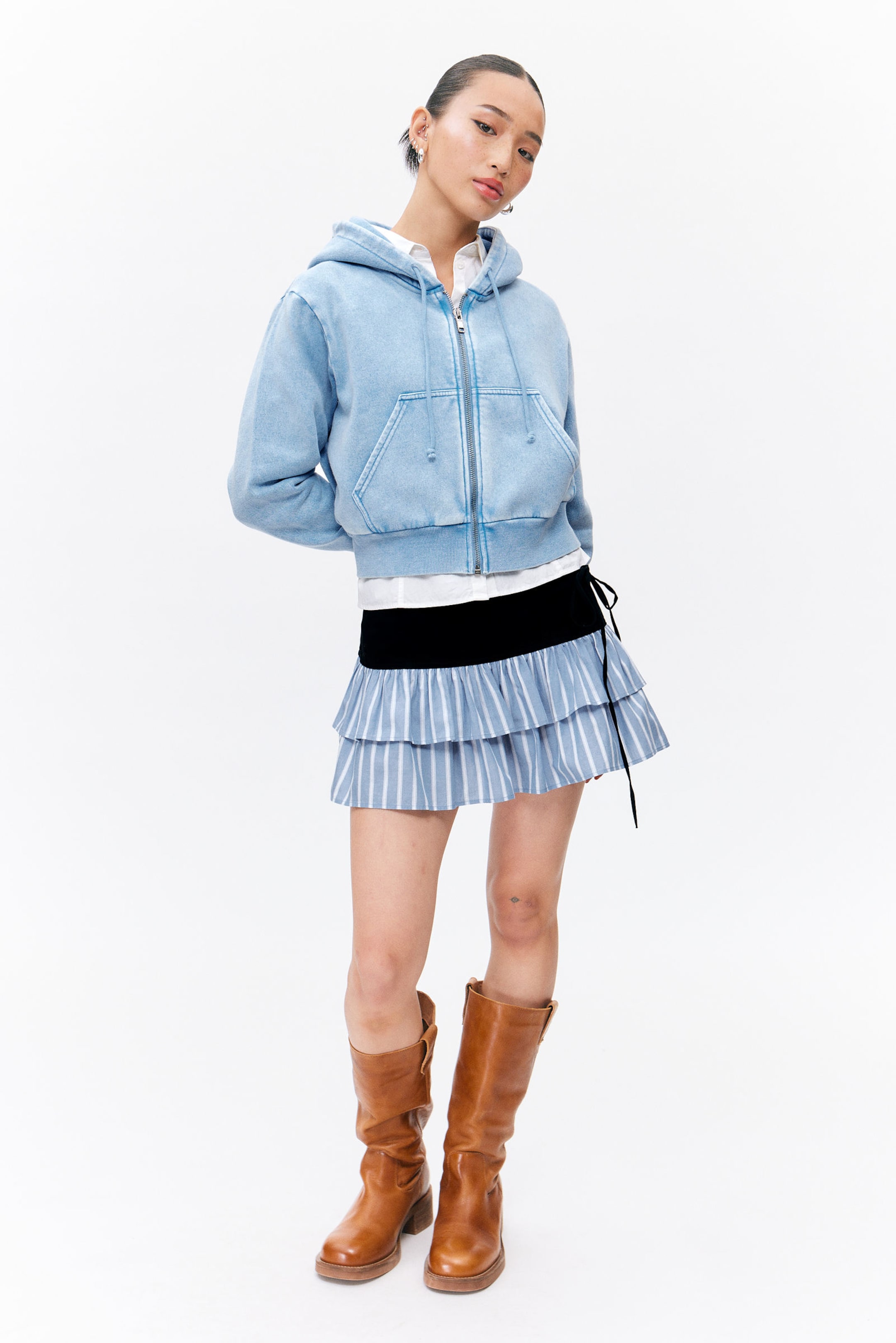 Washed Light Blue - Cropped Zip Hoodie - 1