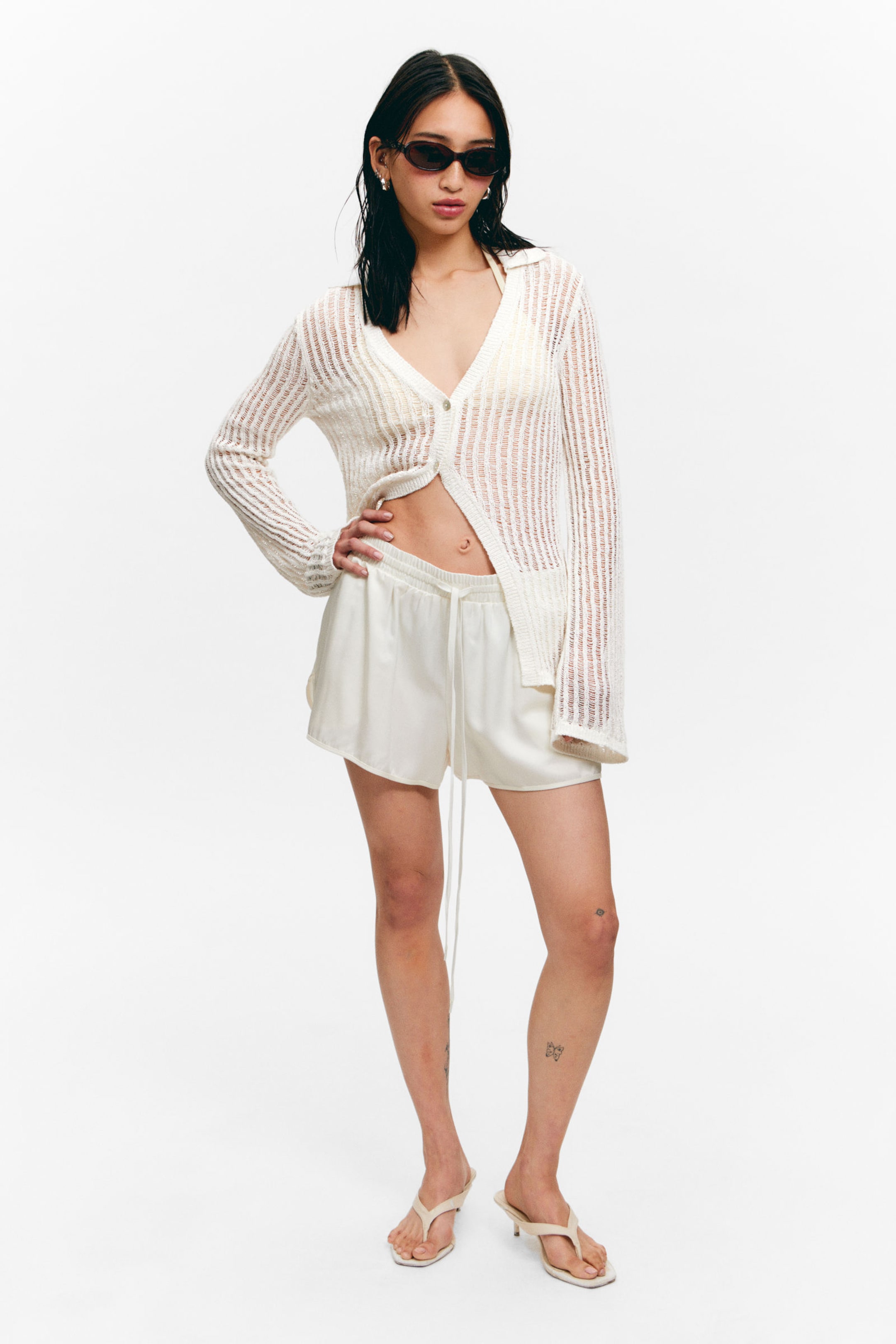 #ECE9E2 - Open-Knit V-neck Cardigan - 2