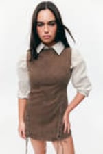Washed Dark Brown - Sleeveless Lace-Up Mini Dress - 1