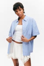 Striped Blue & Pink - Oversized Short-Sleeved Cotton Poplin Shirt - 0