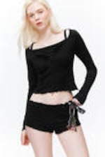 Black - Ribbed Frilled Mini Shorts - 1