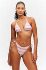 Purple & Red Stripes - Printed Halter Triangle Bikini Top - 0