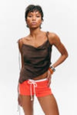 Dark Brown - Asymmetric Satin Strap Top - 0